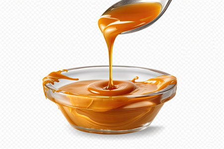 Pouring caramel sauce in a glass bowl. Realistic vector illustration.の素材
