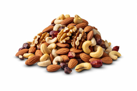 Mix of nuts (almond, cashew, hazelnut) isolated on white backgroundの素材