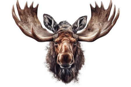 Moose head with big antlers isolated on a white background.の素材