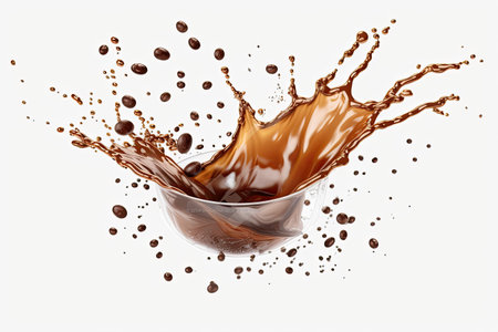 Chocolate splashing out of a bowl, isolated on white backgroundの素材