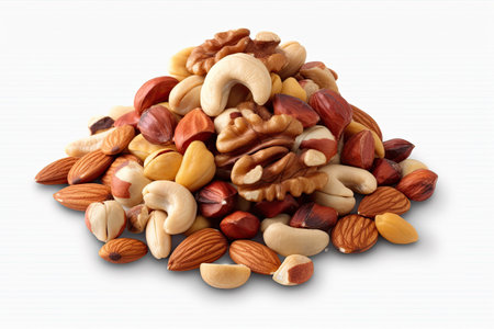 Mix of nuts isolated on a white background. Healthy food concept.の素材