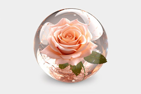 pink rose in crystal ball isolated on white background. 3d illustrationの素材