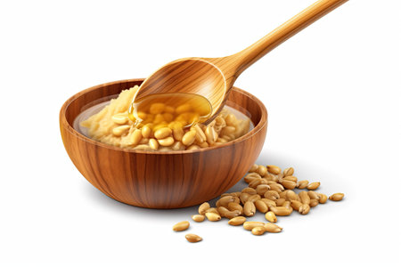 Wooden bowl with pine nuts and wooden spoon with honey isolated on white backgroundの素材