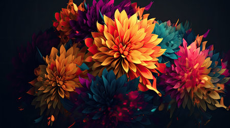 Colorful dahlia flowers on dark background. 3d illustrationの素材