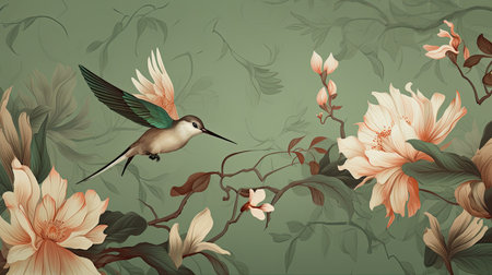 Vintage background with magnolia flowers and hummingbird. Vector illustration.の素材