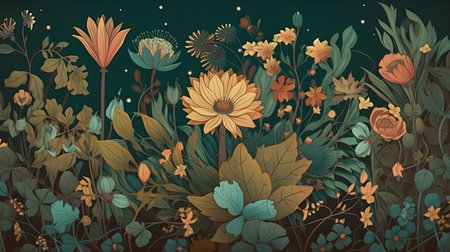 Floral background with flowers, leaves and butterflies. Vector illustration.の素材