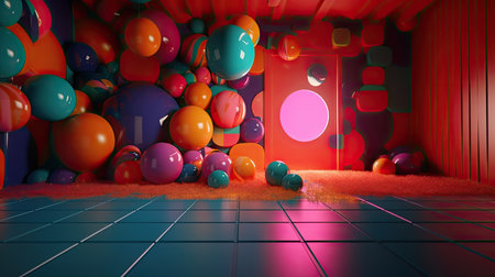 3d rendering of an empty room with colorful balloons in the backgroundの素材