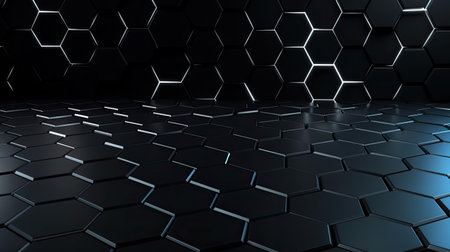 Dark futuristic background with glowing hexagons. 3d render illustration.の素材
