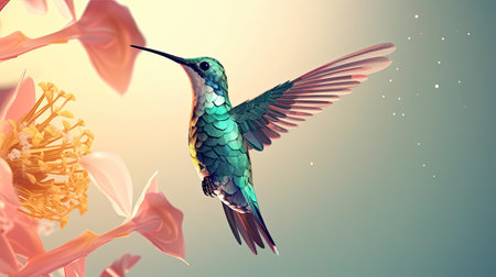 Hummingbird in flight with flowers. 3D illustration. Vintage style.の素材