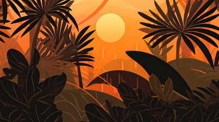 Tropical background with palm trees and sunset. Vector illustration.の素材