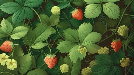 Strawberry background with green leaves and berries. Vector illustration.の素材