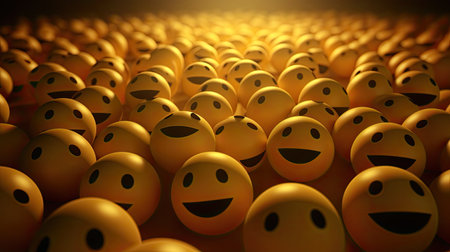 3d rendering of yellow emoticons with happy and sad faces.の素材