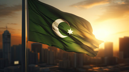Pakistan waving flag at sunset, panoramic view 3D illustration. Pakistan Independence Day, 14 Augustの素材