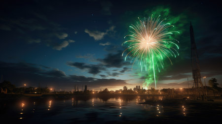 Colorful fireworks on the background of the night sky and the river. Pakistan Independence Day, 14 Augustの素材