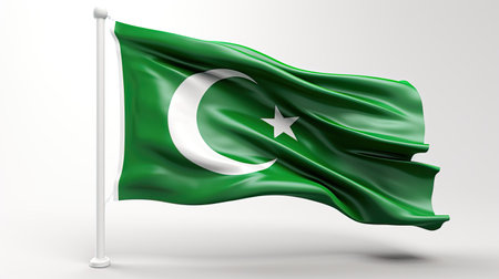 Flag of Pakistan waving in the wind on a white background. 3d rendering. Pakistan Independence Day, 14 Augustの素材