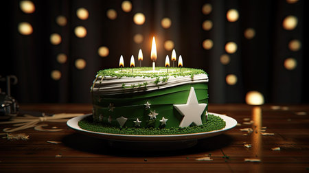 3d rendering of a green birthday cake with a star and candles. Pakistan Independence Day, 14 Augustの素材