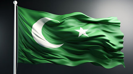 Pakistan Flag On Flagpole, Dark Background, 3D Rendering. Pakistan Independence Day, 14 Augustの素材