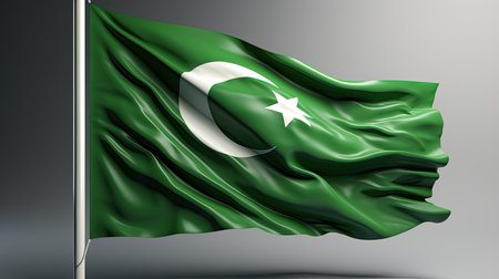 Pakistan waving flag on gray background, closeup view, 3D rendering. Pakistan Independence Day, 14 Augustの素材