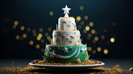 3d rendering of a christmas cake on a dark background with bokeh. Pakistan Independence Day, 14 Augustの素材