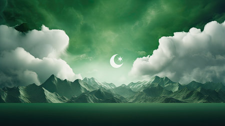 Ramadan Kareem background with moon and clouds. 3d rendering. Pakistan Independence Day, 14 Augustの素材