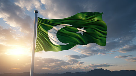 Pakistan Flag waving in the sky at sunset 3d render illustration. Pakistan Independence Day, 14 Augustの素材