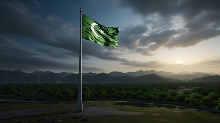 Green flag of Pakistan waving in the wind against the sunset sky 3d rendering. Pakistan Independence Day. 14 Augustの素材