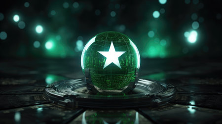 Glass globe with star and bokeh background, 3D rendering. Pakistan Independence Day, 14 Augustの素材