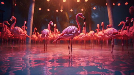 Flamingo in the pool at night. 3d rendering.の素材