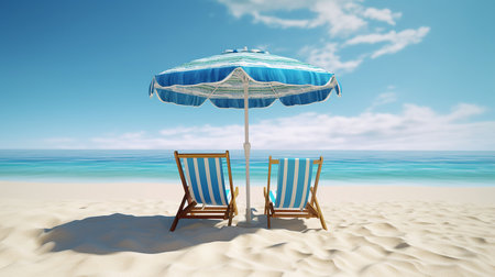 Beach chair and umbrella on the beach. 3d render.の素材