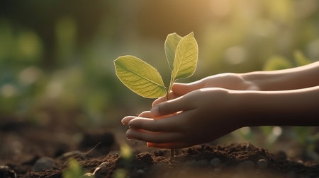 Close up of hands holding young green plant in soil on nature backgroundの素材