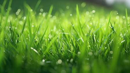 Fresh green grass with dew drops close-up. Nature backgroundの素材