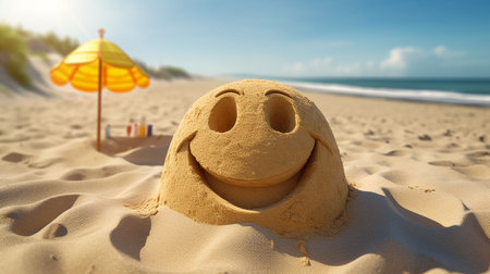 Smiling face made of sand on the beach. Summer vacation conceptの素材