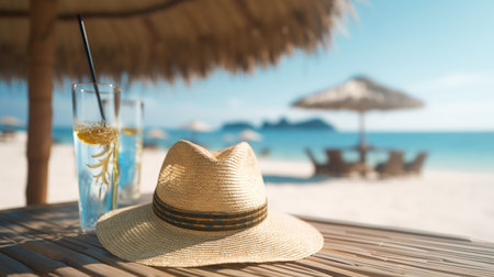 Beach straw hat and cocktail on wooden table with sea view backgroundの素材