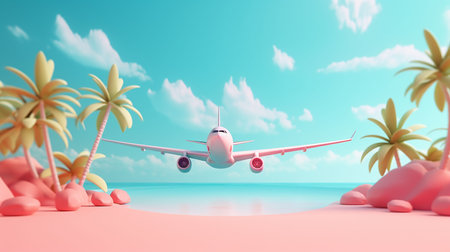 Airplane on the beach with palm trees. 3D rendering.の素材