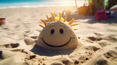 Happy smiling face made of sand on the beach. Summer holiday conceptの素材