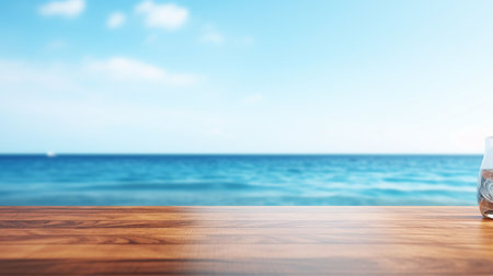 Empty wooden table with sea and sky background, product display montageの素材