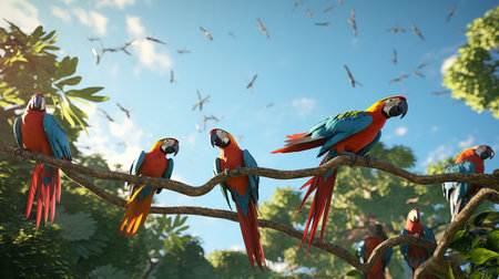 Colorful macaws sitting on the tree branch in the park.の素材