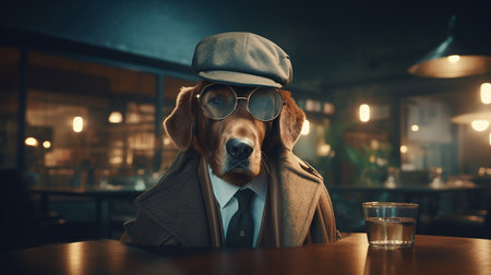 Portrait of a dog wearing a cap and glasses in a cafeの素材
