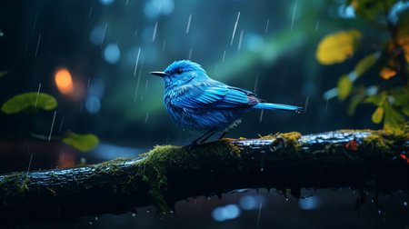 Beautiful blue bird in rain forest at night. Nature background.の素材