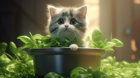 Cute little kitten in a pot with basil on the window backgroundの素材