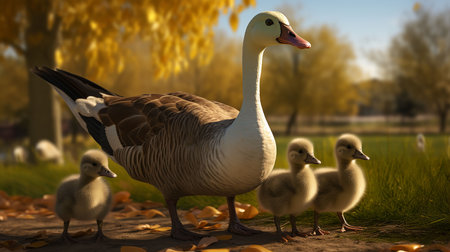 duck and goslings in the autumn park. 3d renderの素材
