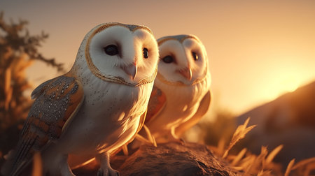Two beautiful barn owls standing on a rock and looking at the sunsetの素材