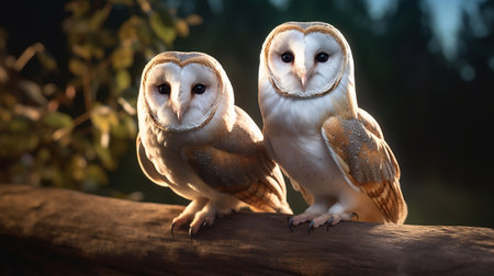 Two cute barn owls sitting on a tree trunk in the forestの素材