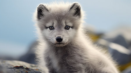 Portrait of a cute arctic fox on the shore of a lakeの素材