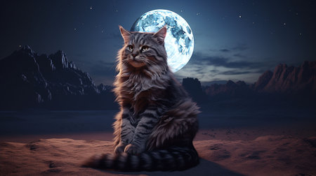 Cute tabby cat sitting in desert with full moon in the backgroundの素材