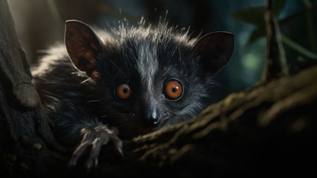 Portrait of a cute little ruffed lemur with orange eyesの素材