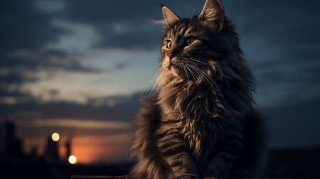 beautiful long-haired cat of siberian breed on the background of the sunsetの素材