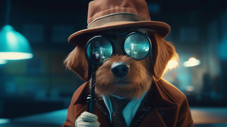 Funny dog in a hat and coat on the background of night cityの素材
