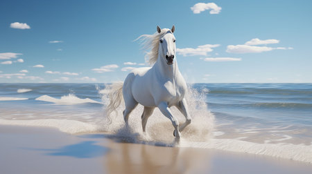 White horse running on the sandy beach. 3d render illustration.の素材
