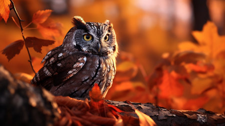 Beautiful owl sitting on a branch in the autumn forest. Owl in nature.の素材